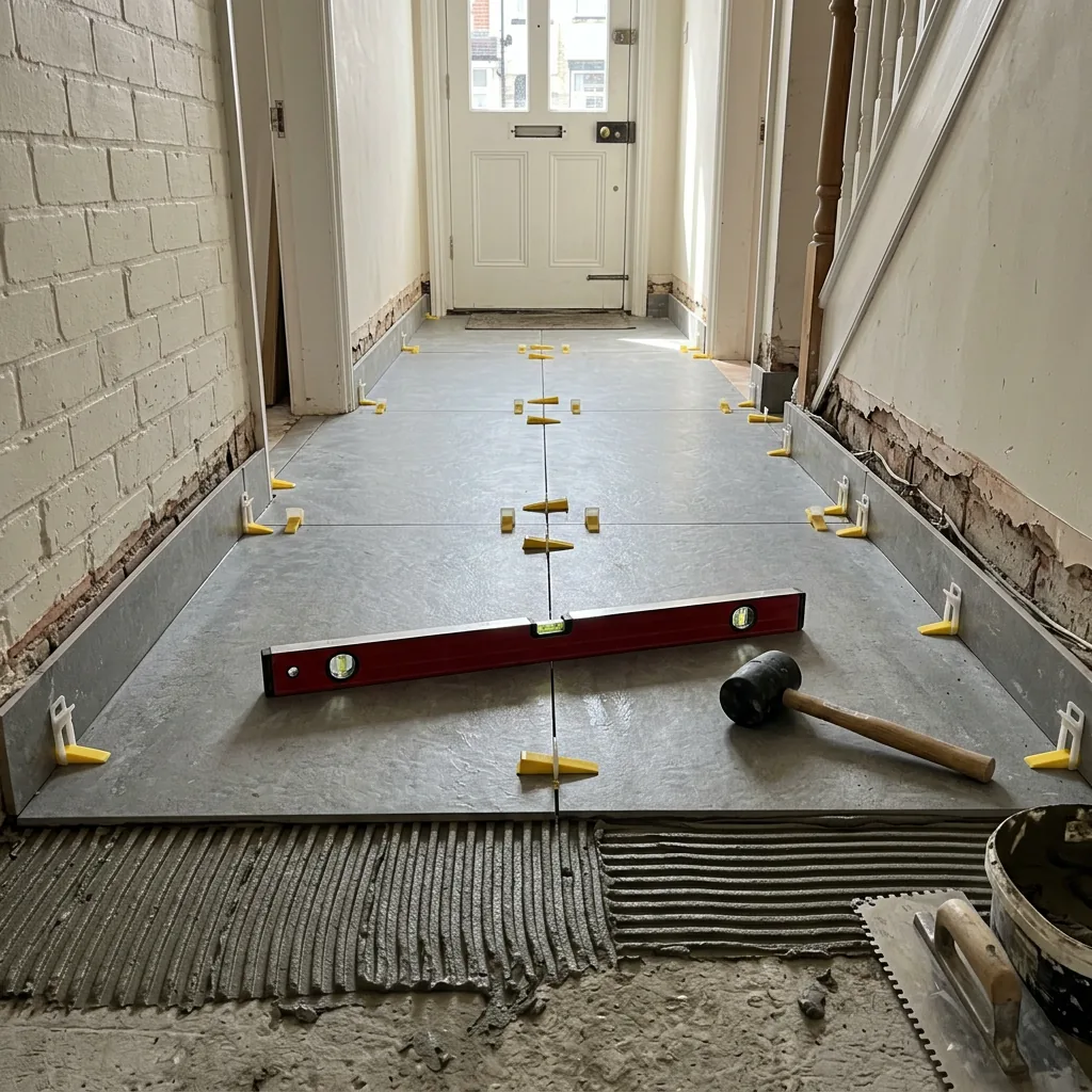 Large format floor tiles being levelled in a Rainham hallway